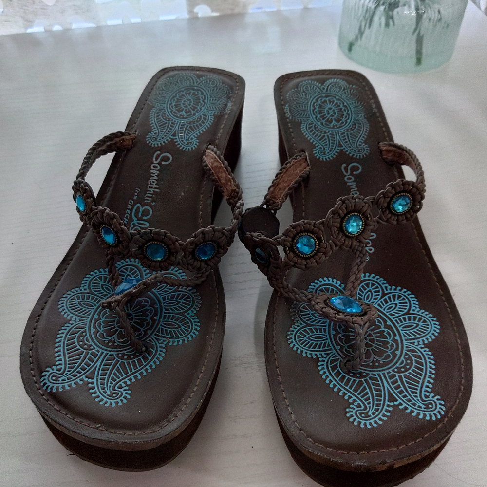 Brown and Blue Beaded Women's Sandals